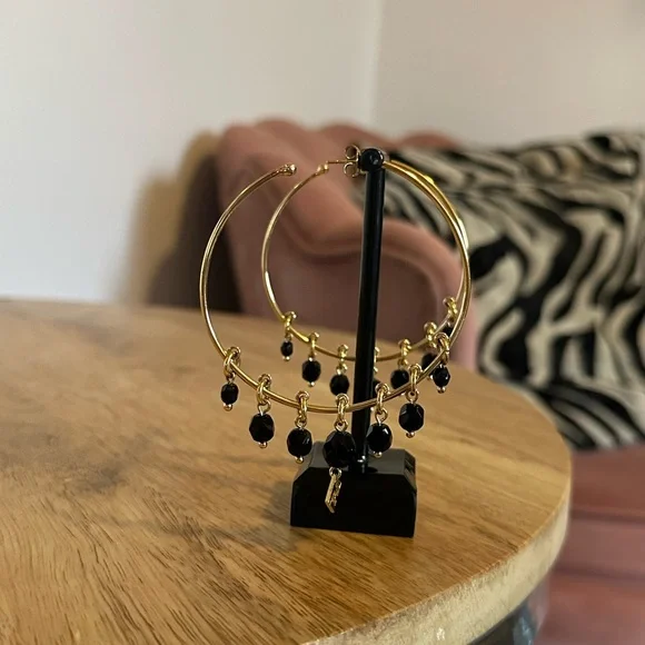 Fendi Gold Hoop Earrings with Black Bead Charms - Picture 5 of 7